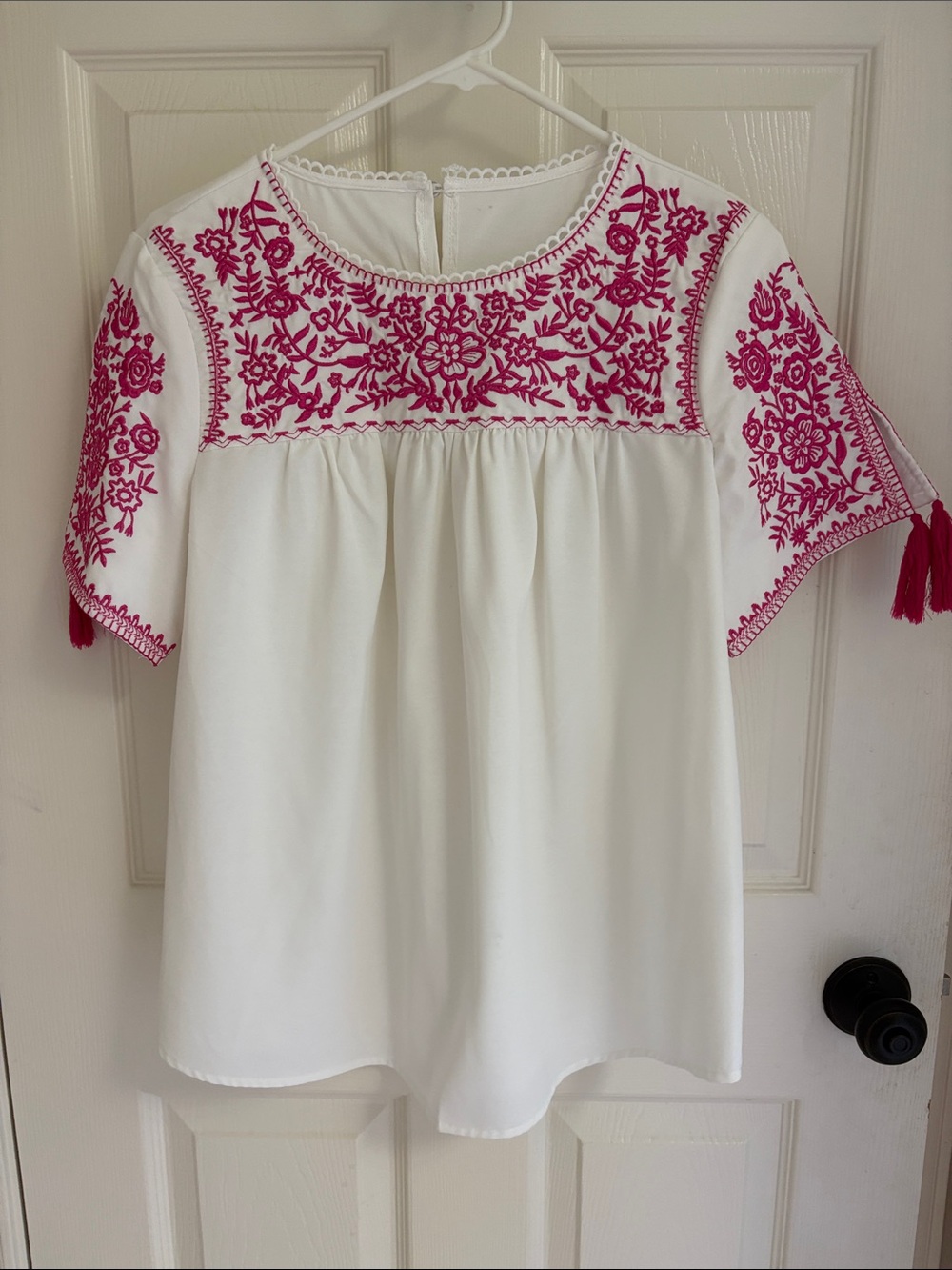 White Women’s Embroidered Peasant Top with Pink Detail